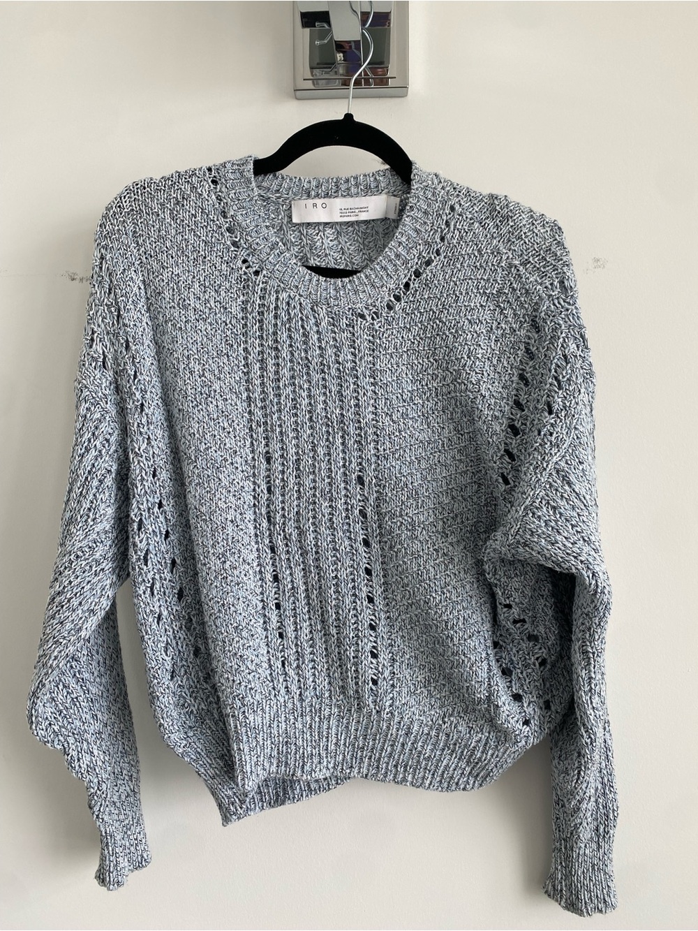 IRO Blue, White, and Black Open-Stitch Crewneck Sweater